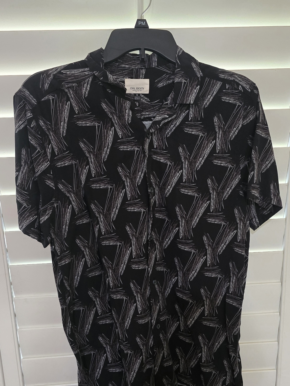 Society Black Short-Sleeve Button-Down Shirt with White Abstract Brushprint